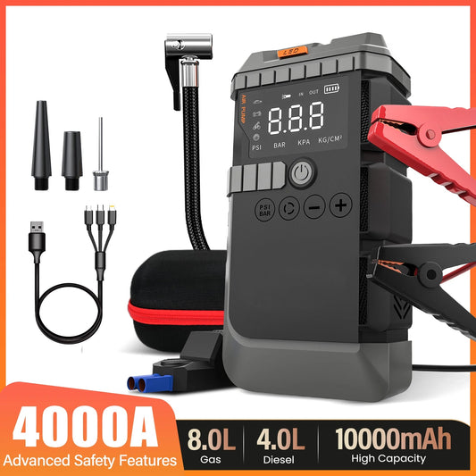 Booster Auto 12V 4000A – Jump Starter 4‑en‑1 avec Compresseur 150PSI