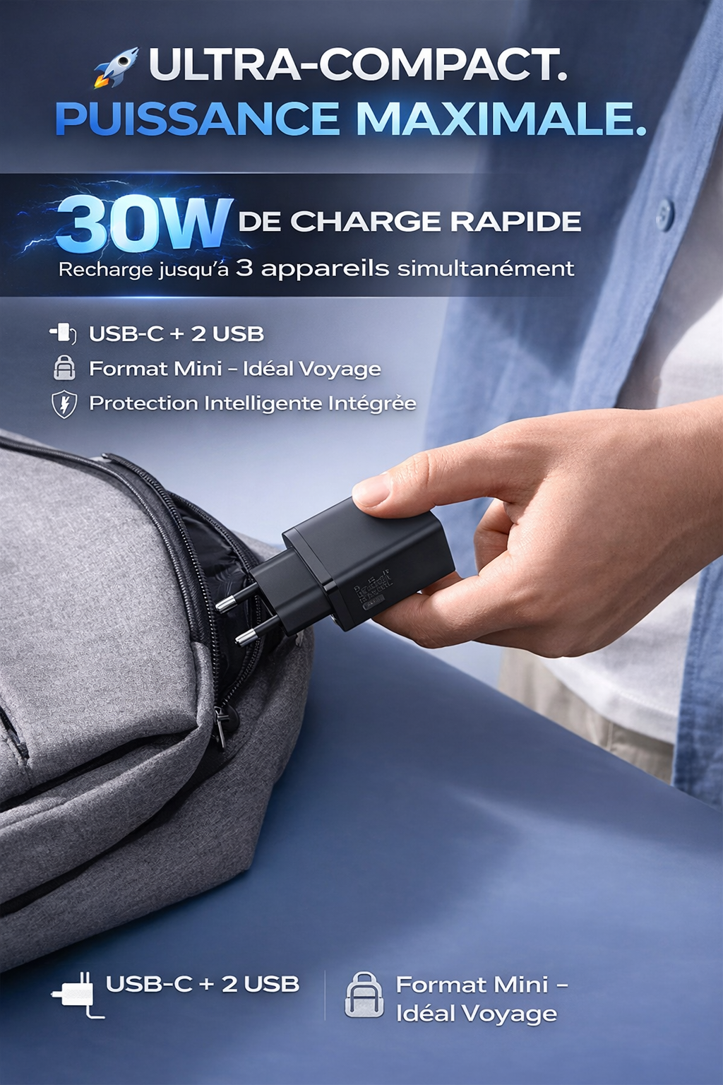 Chargeur Secteur Baseus 30W PD & QC3.0 – Charge Rapide 3 Ports USB + Type-C pour iPhone, Samsung & Xiaomi
