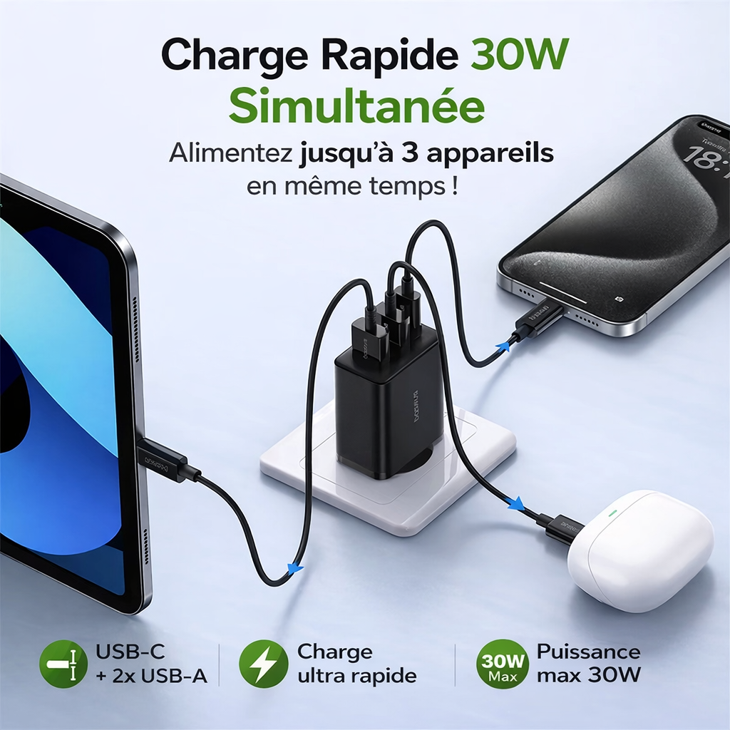 Chargeur Secteur Baseus 30W PD & QC3.0 – Charge Rapide 3 Ports USB + Type-C pour iPhone, Samsung & Xiaomi