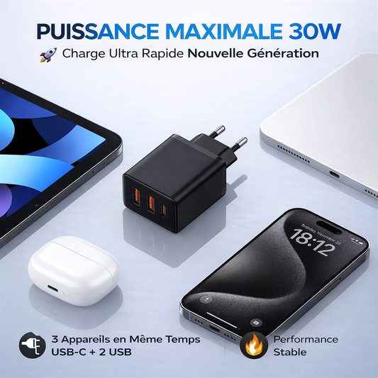 Chargeur Secteur Baseus 30W PD & QC3.0 – Charge Rapide 3 Ports USB + Type-C pour iPhone, Samsung & Xiaomi