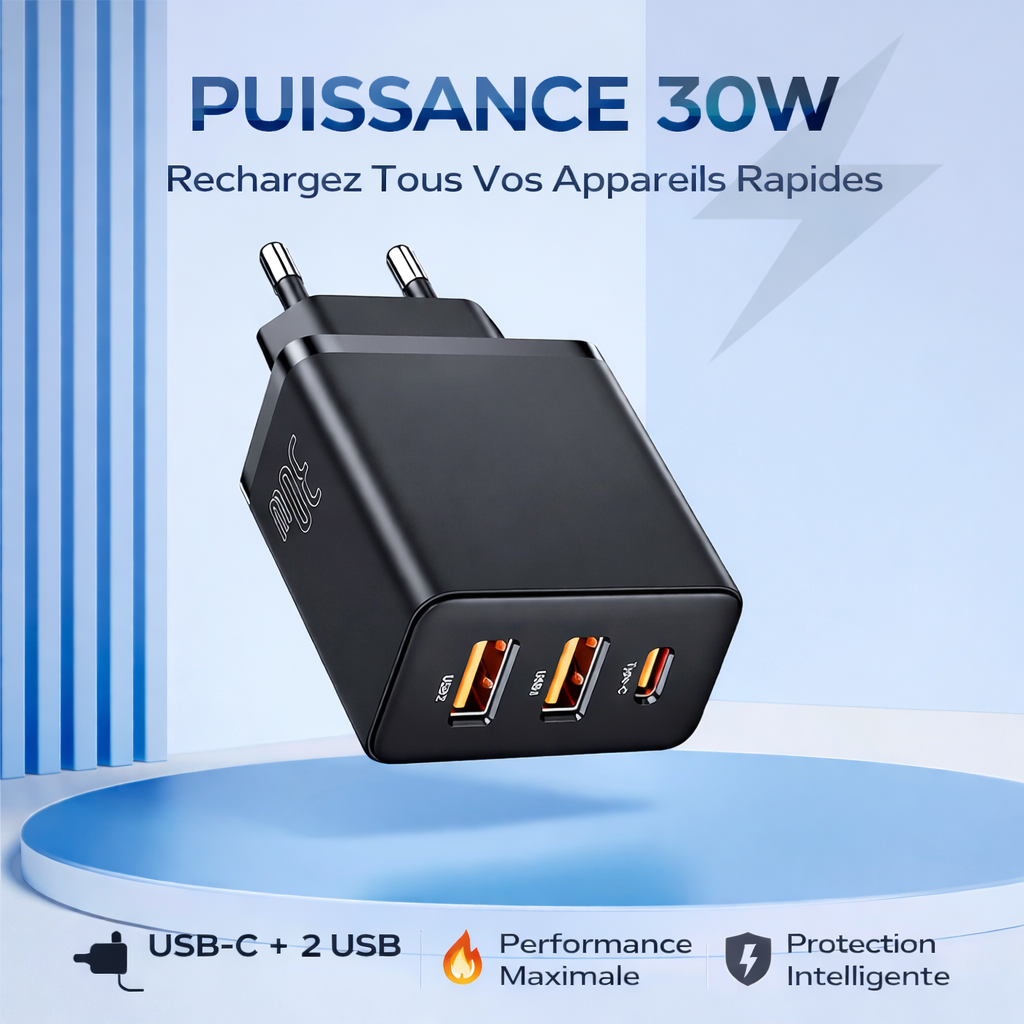 Chargeur Secteur Baseus 30W PD & QC3.0 – Charge Rapide 3 Ports USB + Type-C pour iPhone, Samsung & Xiaomi