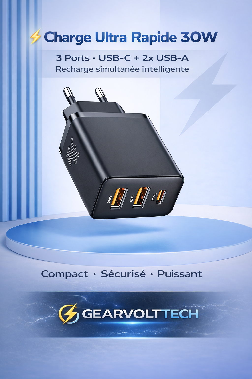 Chargeur Secteur Baseus 30W PD & QC3.0 – Charge Rapide 3 Ports USB + Type-C pour iPhone, Samsung & Xiaomi