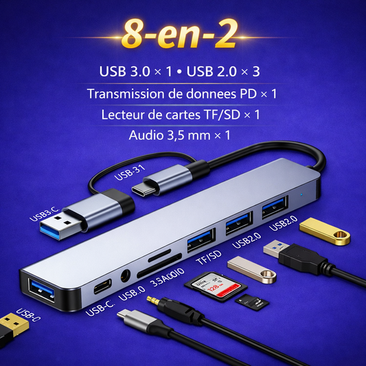 Hub USB‑C 5 Ports – Multi‑Adaptateur Aluminium avec Lecteurs SD/TF et USB 3.0/2.0