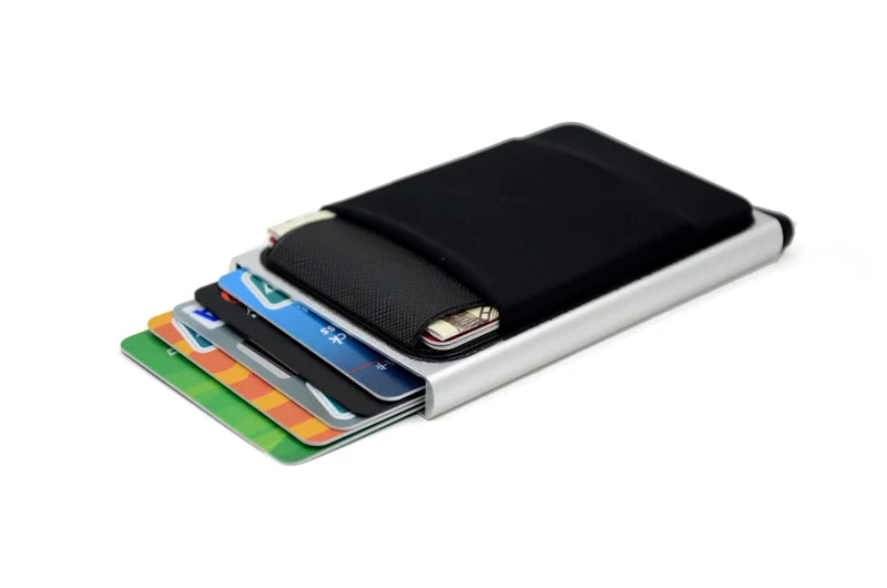 Porte‑Cartes RFID en Aluminium – Mécanisme Pop‑Up Automatique et Pochette Élastique