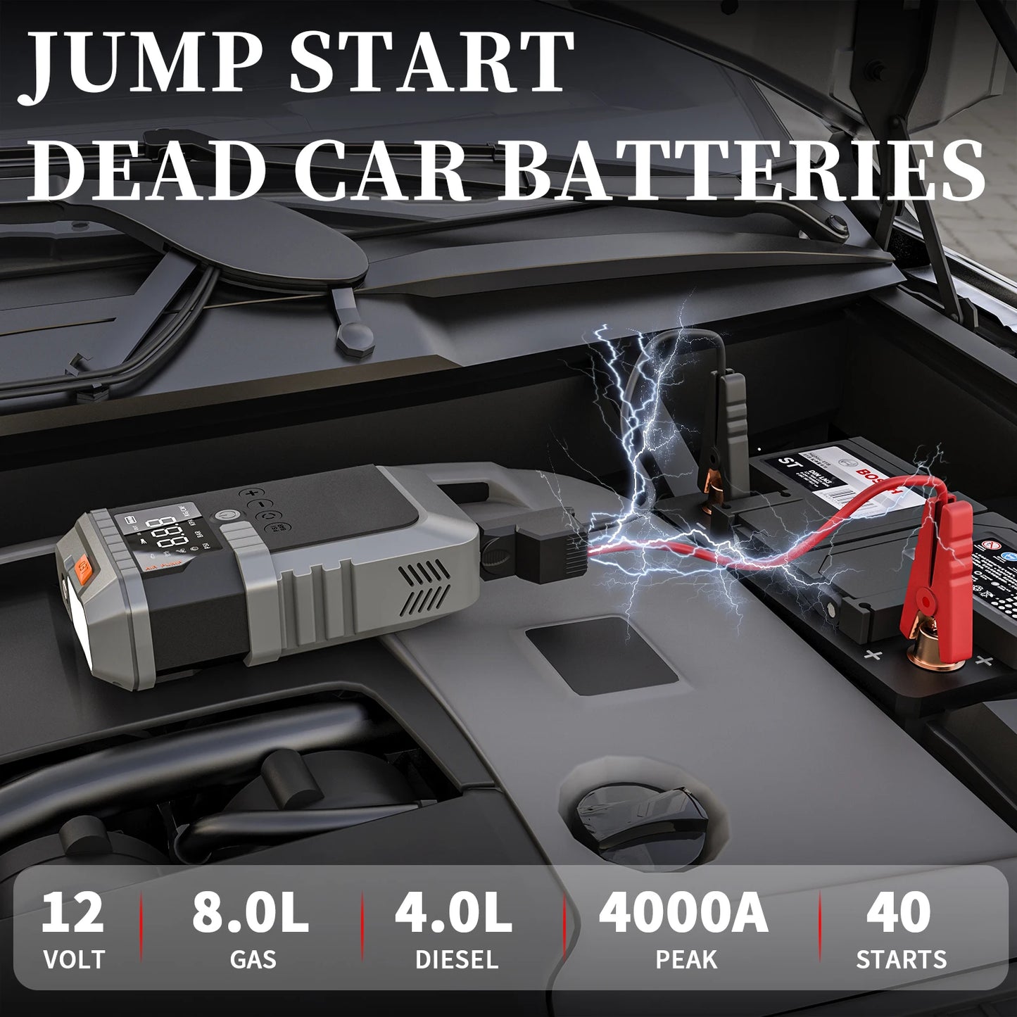 Booster Auto 4000A – Jump Starter 4‑en‑1 avec Compresseur 150PSI
