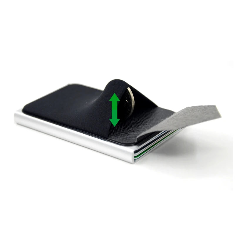 Porte‑Cartes RFID en Aluminium – Mécanisme Pop‑Up Automatique et Pochette Élastique