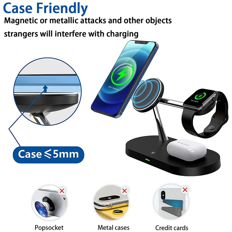 Chargeur Sans Fil 3‑en‑1 MagSafe pour iPhone 12 à 17, Apple Watch & AirPods – Charge Rapide